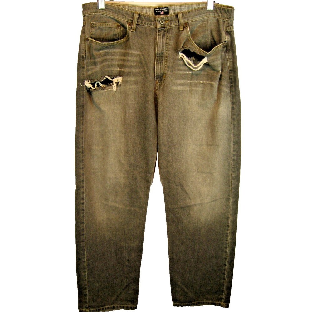 Mens Ralph Lauren Polo Jeans Gray Distressed Easy Fit CottonDenim Jeans sz 38x32